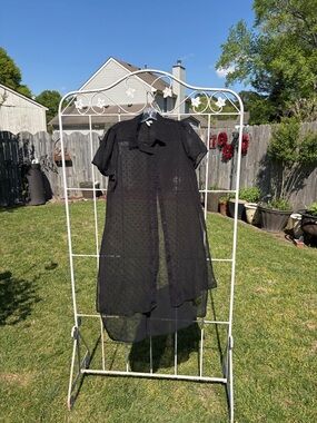 Elle Black Sheer Dotted Button-Down High-Low Blouse